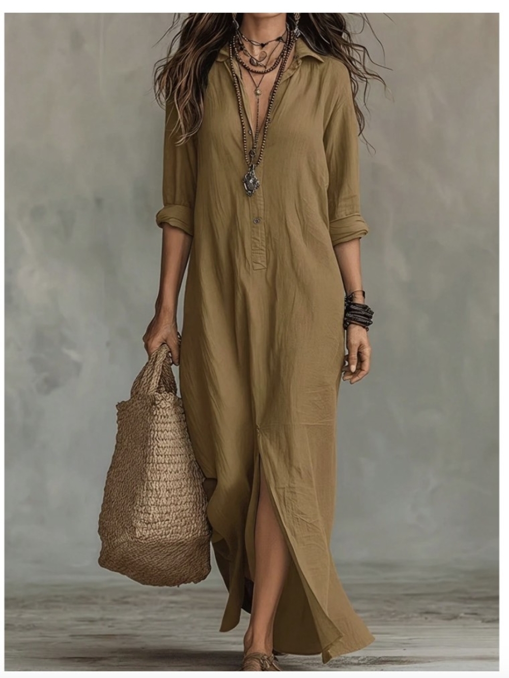 SHEIN Khaki Maxi Shirt Dress with Front Slit